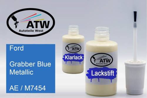 Ford, Grabber Blue Metallic, AE / M7454: 20ml Lackstift + 20ml Klarlack - Set, von ATW Autoteile West.